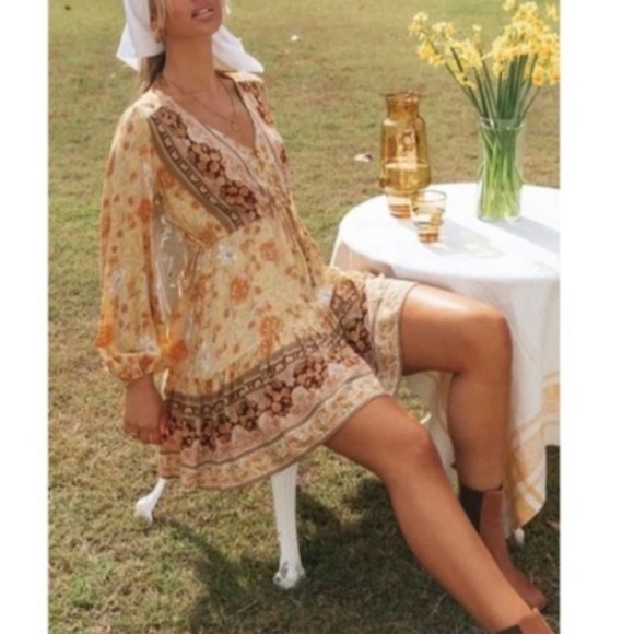 NEW Boho Golden Floral Long Sleeve Gypsy Dress - Picture 6 of 7